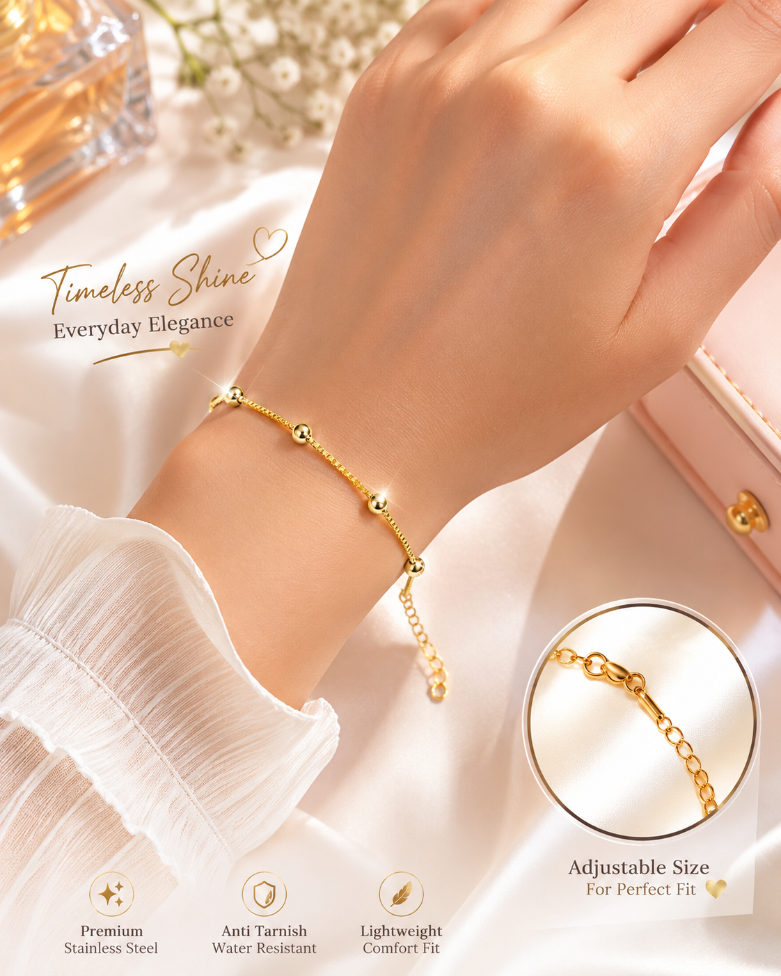 Korean style Golden Beaded Chain Bracelet | Minimalist Stainless Steel Bracelet | Elegant Adjustable Jewelry for Girls and women