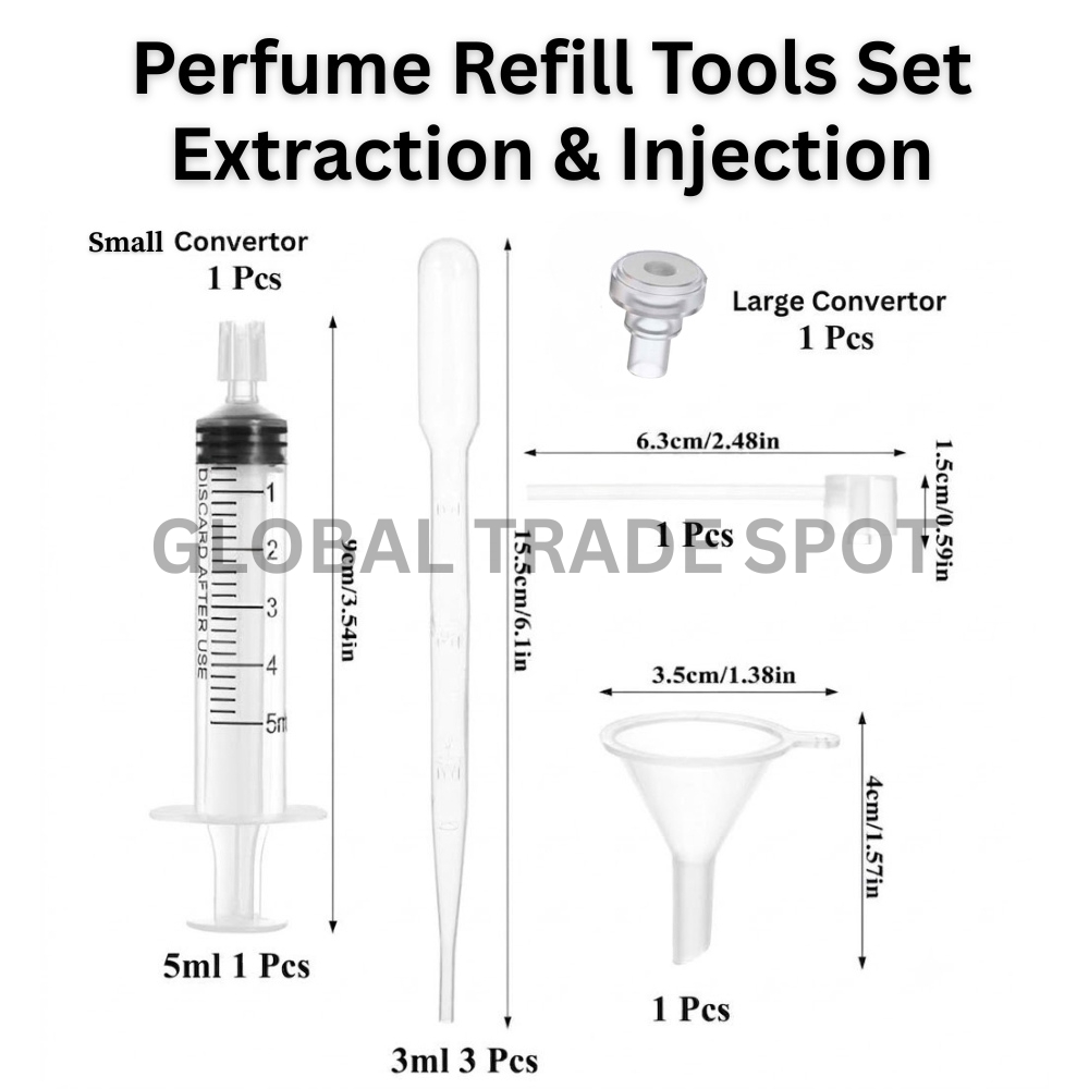 Perfume Refill Tools Kit with 5ml Syringe Extractor 3ml Pipette droppers Plastic Funnel Long Nozzle & Converter for Fragrance Transfer Travel DIY Study & Educational Use – For refillable/open bottles only (not crimped/sealed). Variations sold separately