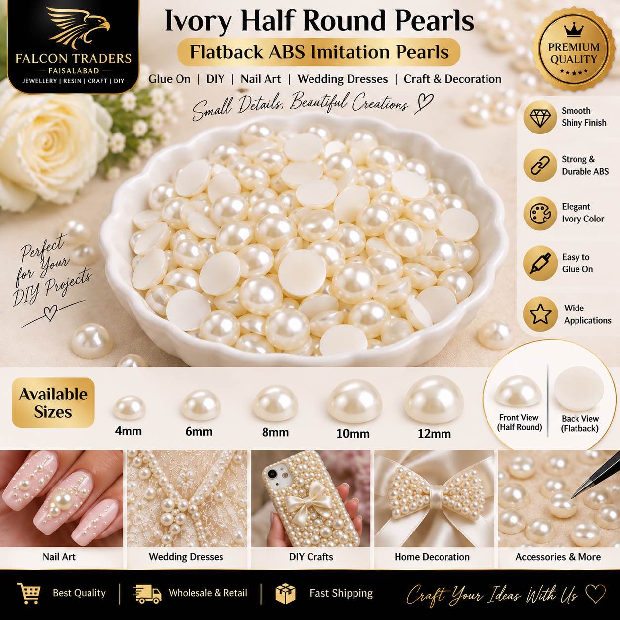 100Pcs and 200Pcs Ivory Half Round Off White Pearls 4mm-10mm Flatback ABS Imitation Glue On Beads Appliques For Nails and Wedding Dresses Decorations DIY accessories and others