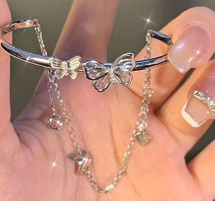 New Fashion Butter flies Design silver color 2 layers chain with bangles bracelet