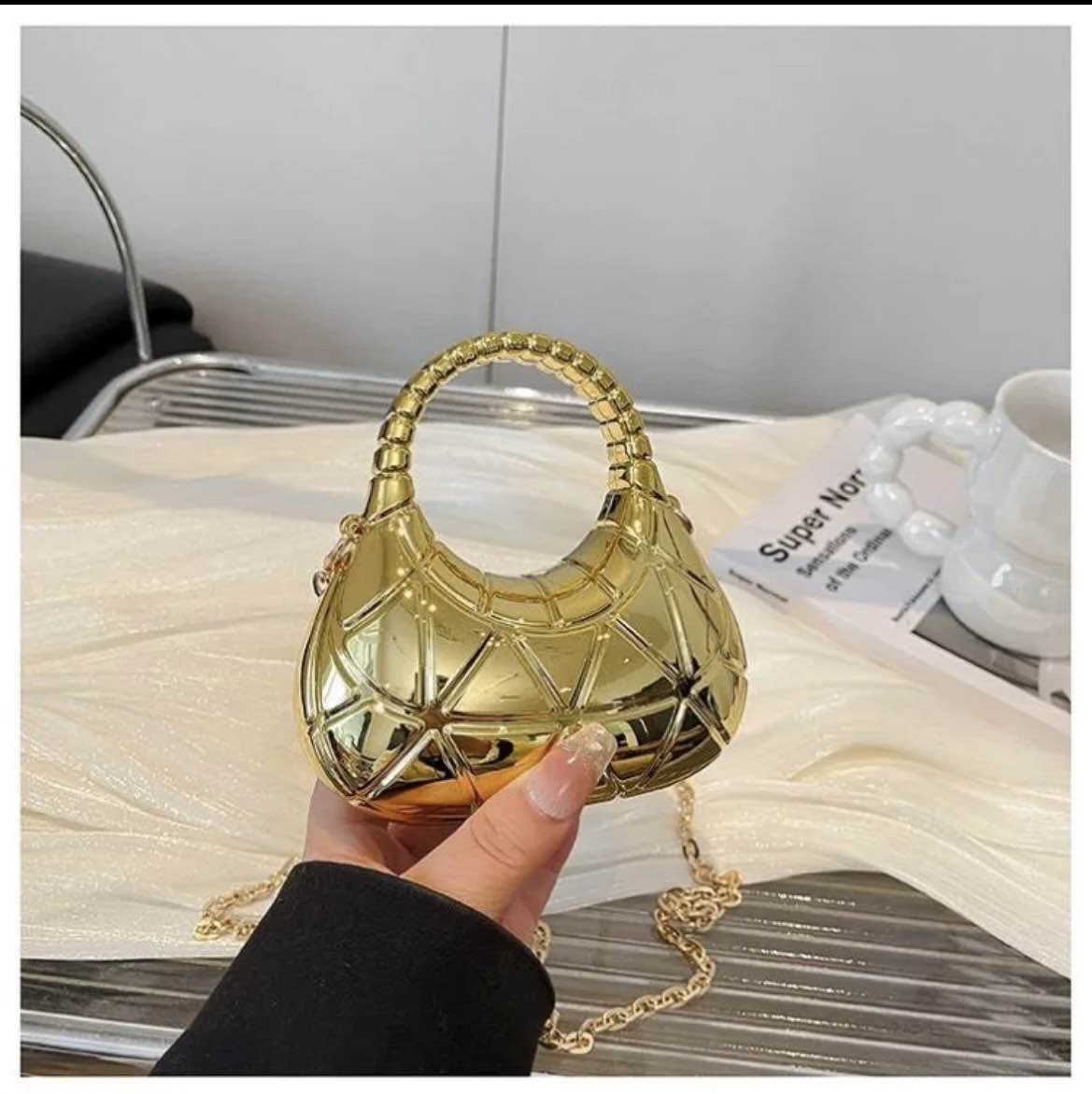 Mini Acrylic Moon Style Clutch With Long Chain for Women & Girls