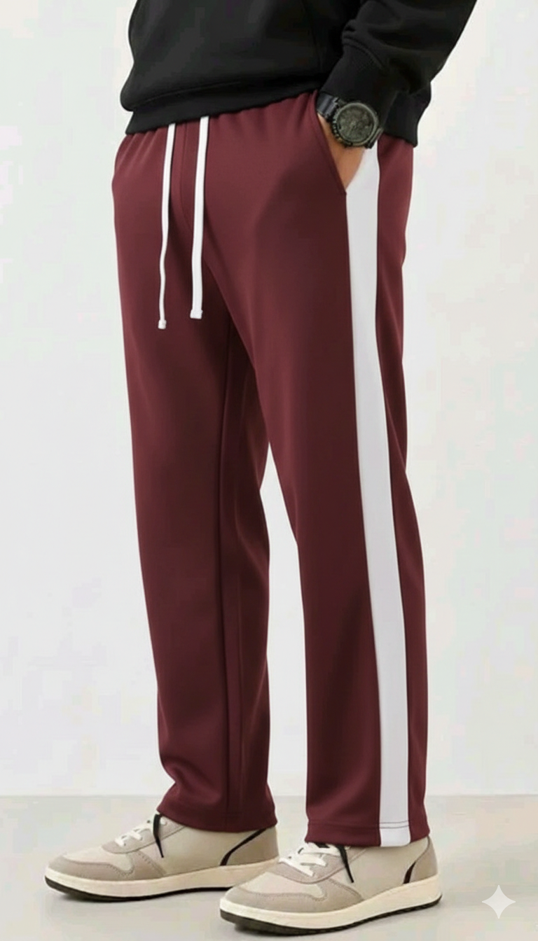 Men's Maroon Wide Leg Trouser with White Side Stripe