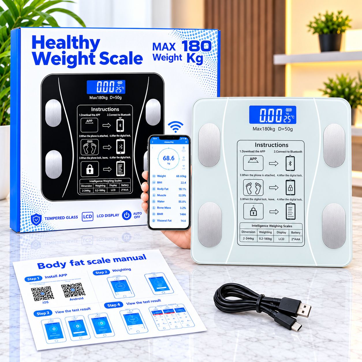 Smart Digital Body Weight Machine Scale 180KG Bluetooth Electronic Weighing Machine Scale with App Sync for Household Use - Body Fat & BMI Measurement, Bathroom Balance Scale Weight Machine For Human Body