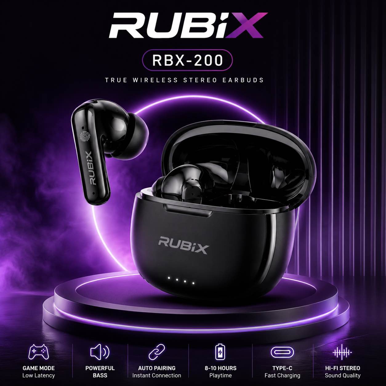 RUBIX RBX-200 Wireless Bluetooth Earbuds | Hi-Fi Stereo Sound | Game Mode Low Latency | Deep Bass | Type-C Fast Charging | Touch Control | Up to 10 Hours Playtime