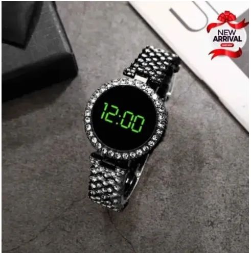 Stylish Women’s Luxury Diamond Watch – Stainless Steel Band LED Touch Electronic Watch