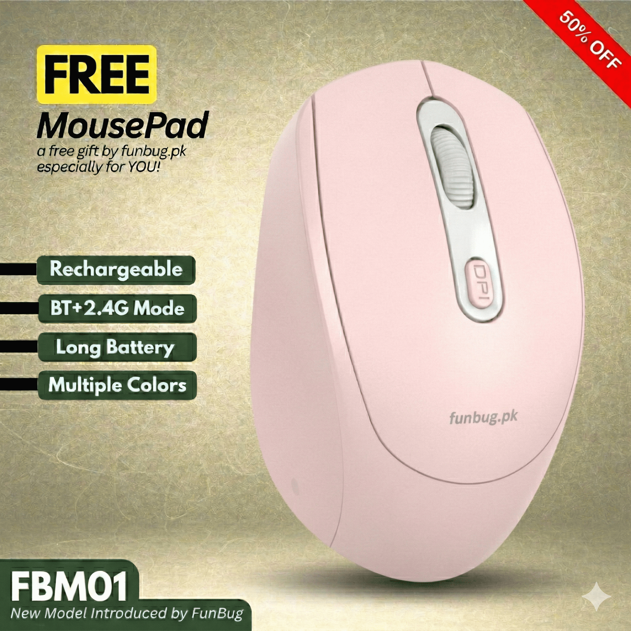 【Premium】 Rechargeable Dual Mode Wireless Mouse (Bluetooth + 2.4G) for Laptop, PC, Smart TV Gaming & Office ~ Ergonomic Lightweight Design Mice with Silent Click Buttons & 1600 DPI Control | FunBug