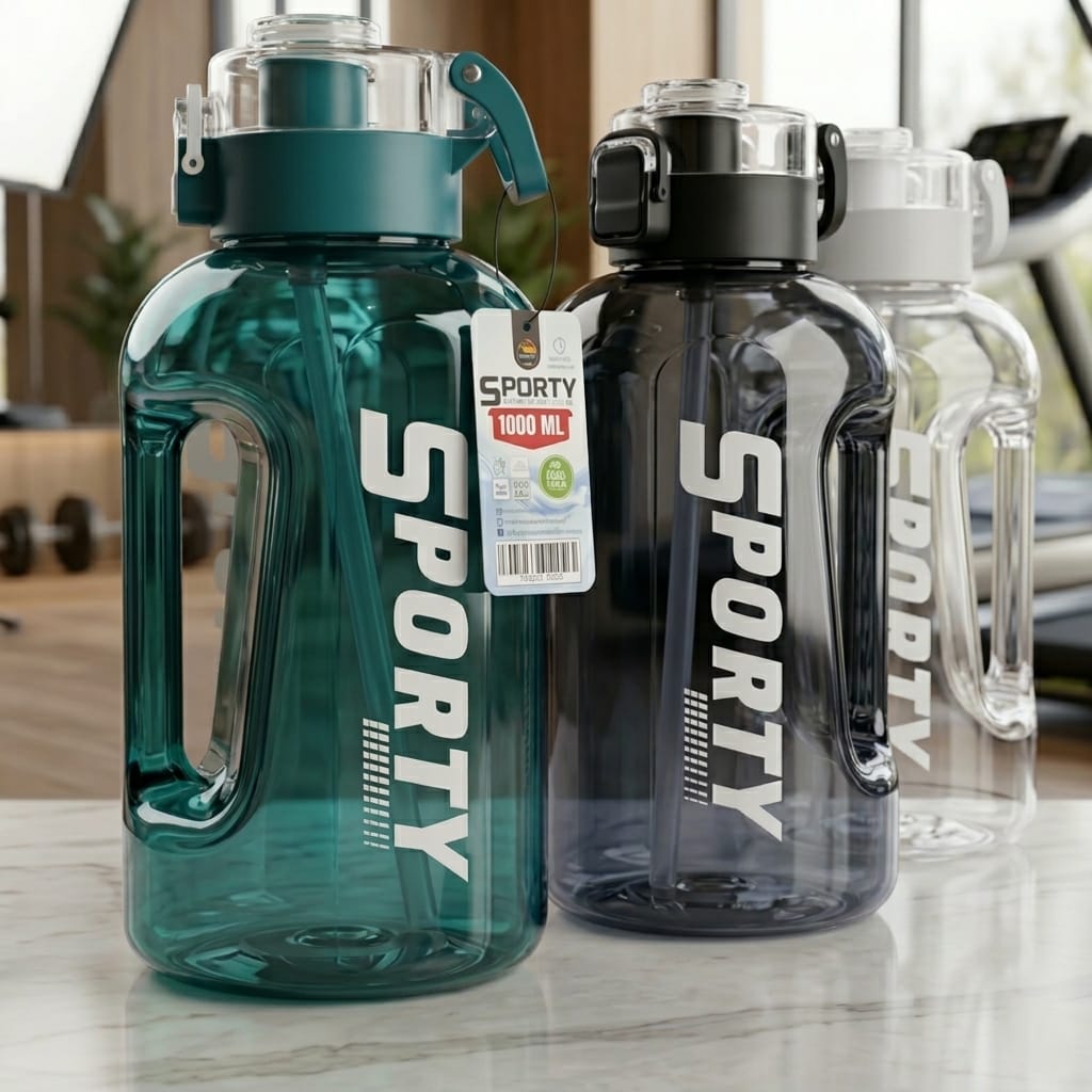 Sporty Water Bottle (BPA Free) Premium Quality with Time Marker 1.0L Large Water Jug Sports Water Bottle with Handle, Leak Proof  Big Bottle for Fitness Gym Outdoor Travel Daily Life Workout