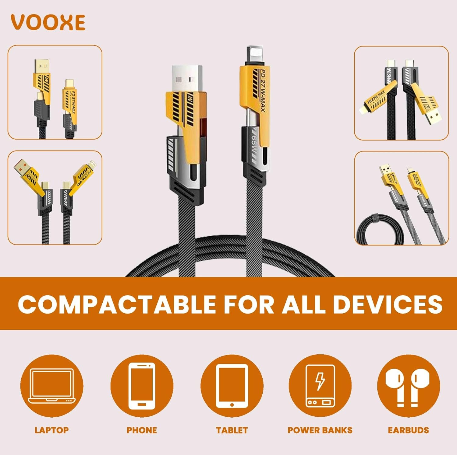 4 in1 65w and 27w Fast Charging Data Cable Nylon Braided Magnetic A Port To Type C-Cable To USB,USB To C Type USB A To Cable Laptops (Multipurpose)