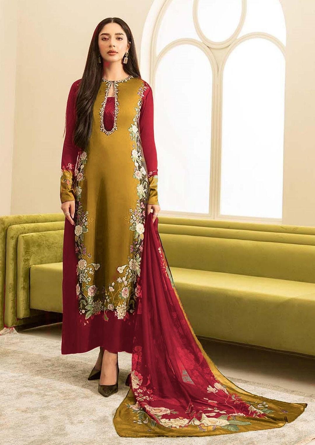 white christmas dresses Attire Designer Embroidered Shamoz Silk 3PC Suit AD-17 – Babus Clothing main image 1