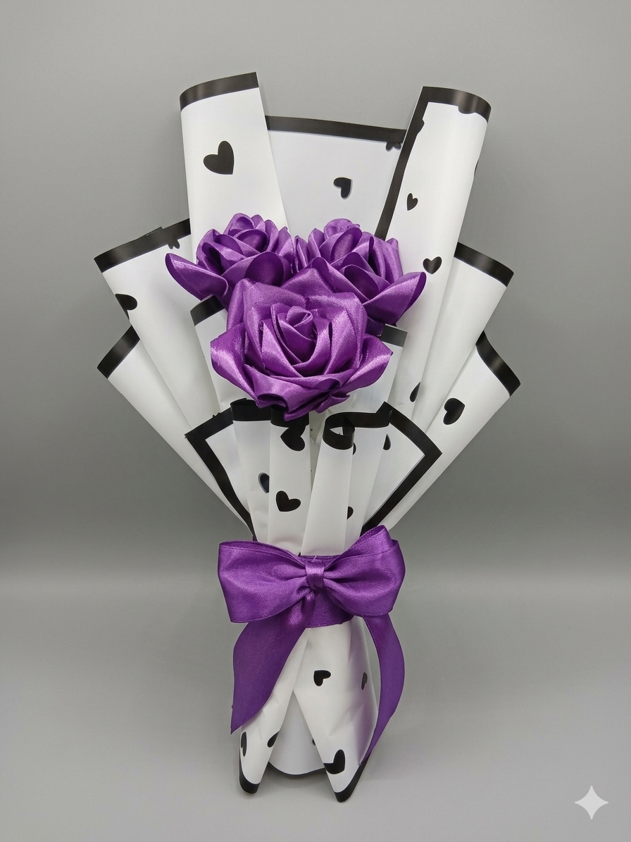 Handmade Ribbon Flower Bouquet – 3 Elegant Artificial Roses Gift Wrapped for Decoration & Gifting
