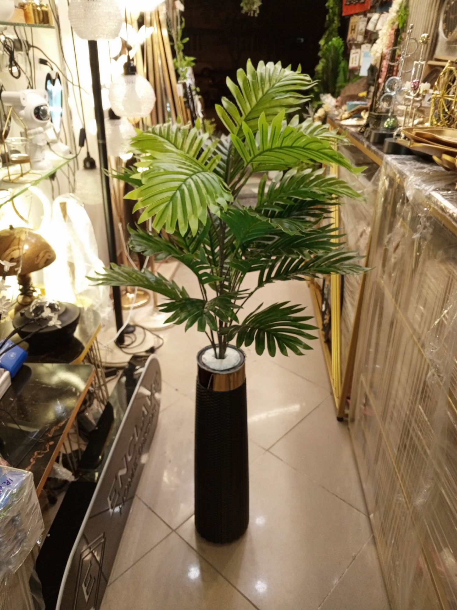 Tropical Palm Leaf Artificial Plant with Elegant Black Textured Vase