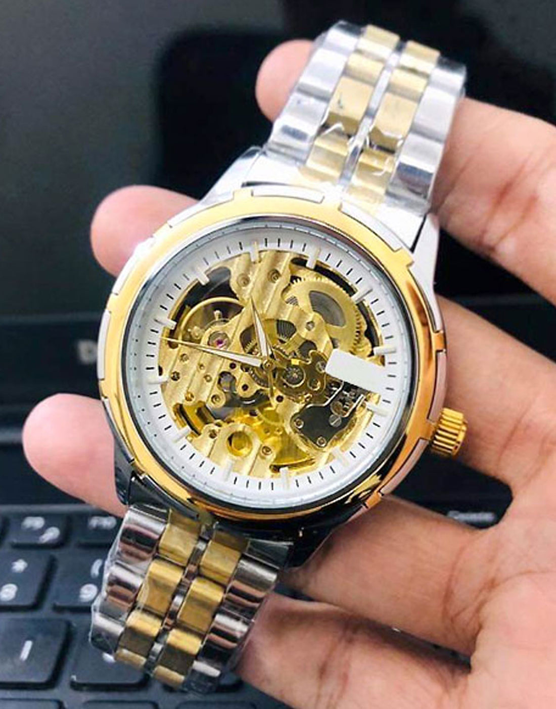 automatic skeleton mechanical tow ton waterproof male watches
