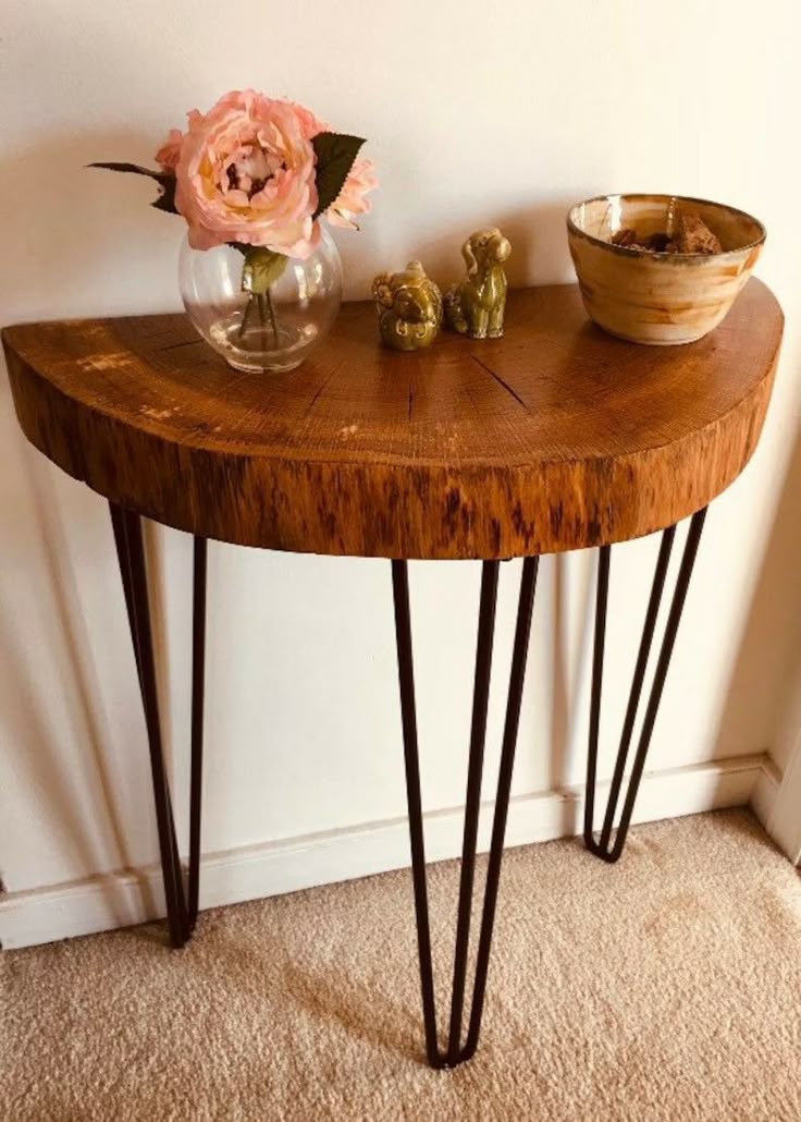 Half Moon Wooden Console Table with Hairpin Legs – Rustic Entryway Table, Modern Sofa Side Table, Handmade Live Edge Hallway Stand, Decorative Wooden Accent Furniture