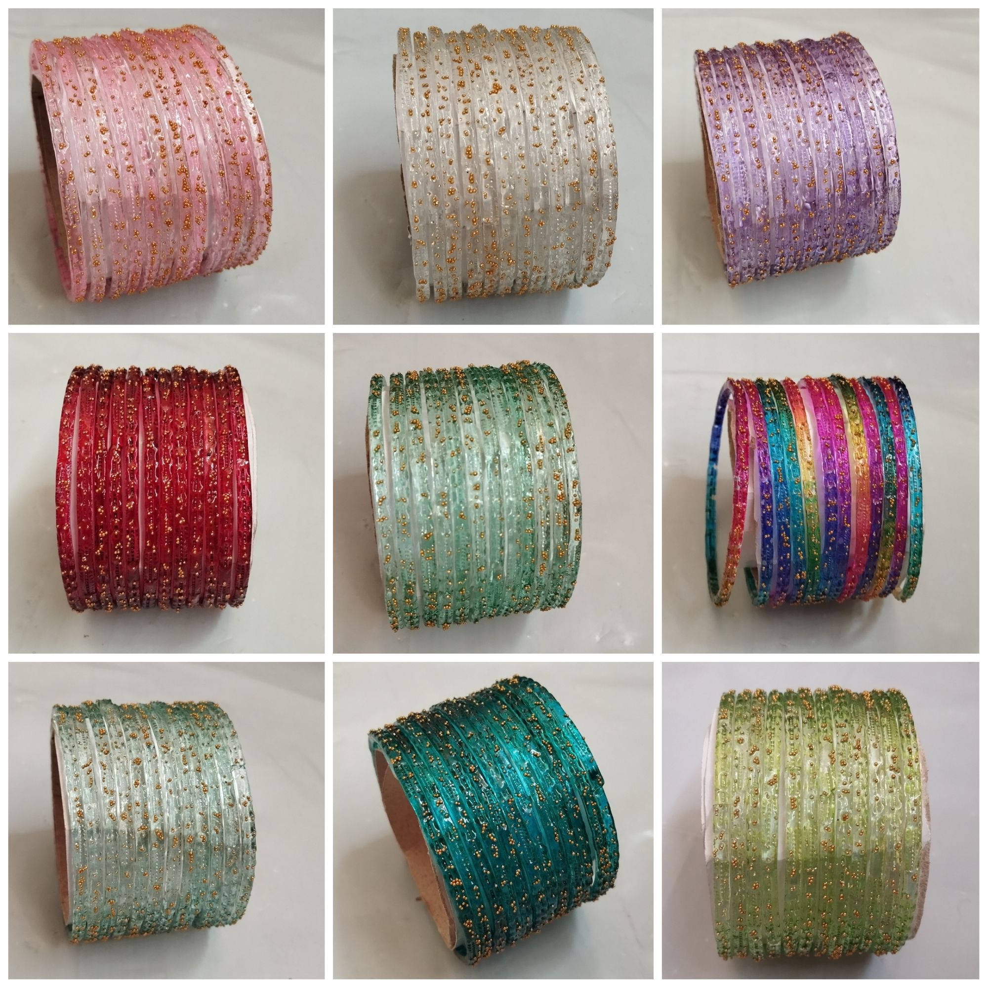 Elegant Crystal Clear Colored Glass Bangles - Bangles for girls 1 Dozen Set with 3D Golden Bead Detailing - High-Quality Traditional Jewellery for Eid & Weddings