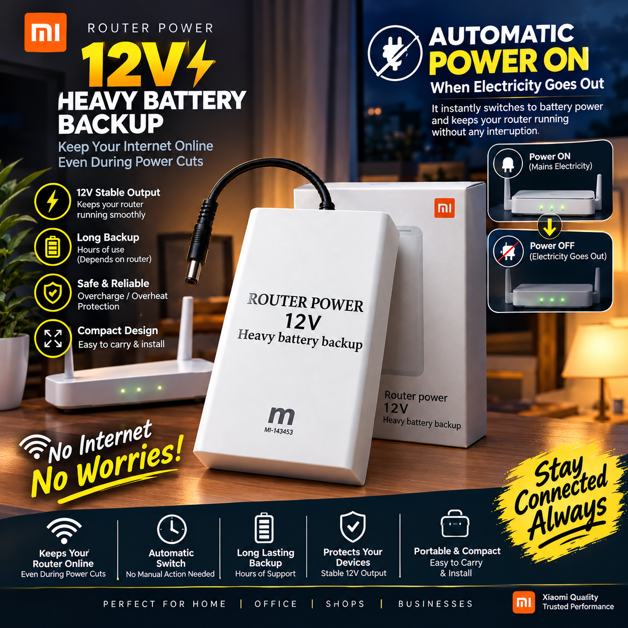 12V High-Power Router Power Bank 20000mAh | Heavy Battery Backup | Compatible with Wi-Fi Routers & ONTs - High Capacity Backup - 20,000 AMH | WiFi Router UPS Power Bank 12Volts 8 to 10 Hours Backup