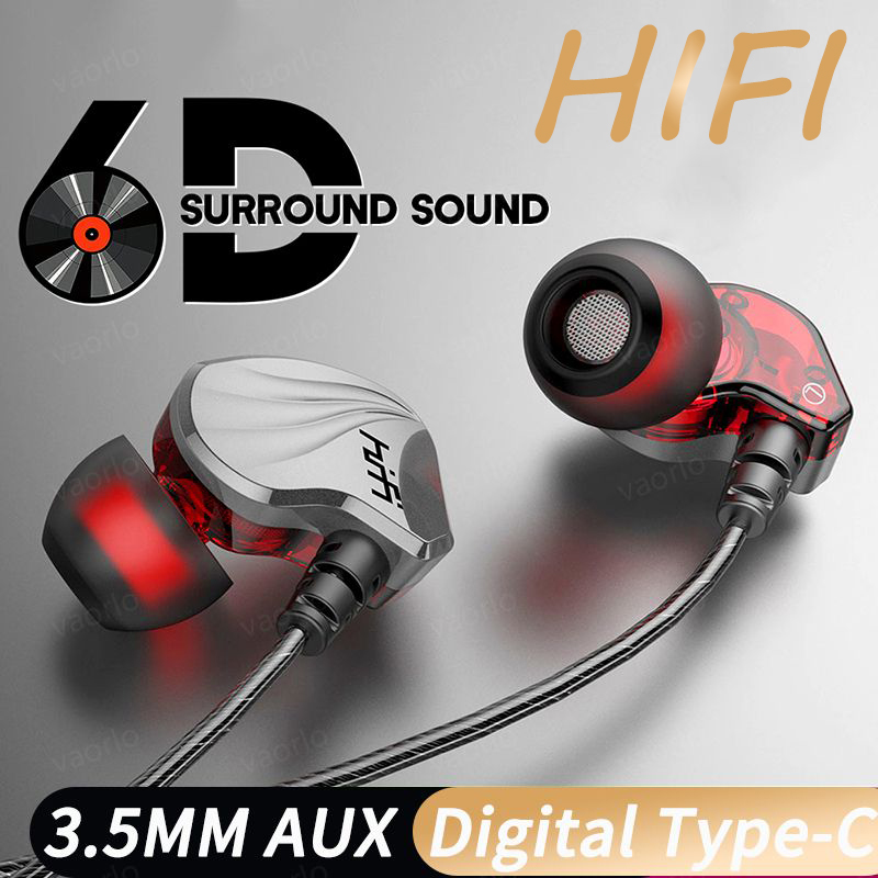 HIFI 6D Surround Bass in-Ear Wired Headphones 3.5mm Type C Earphone Sports Gamer Waterproof Headset Handfree Earbuds For 