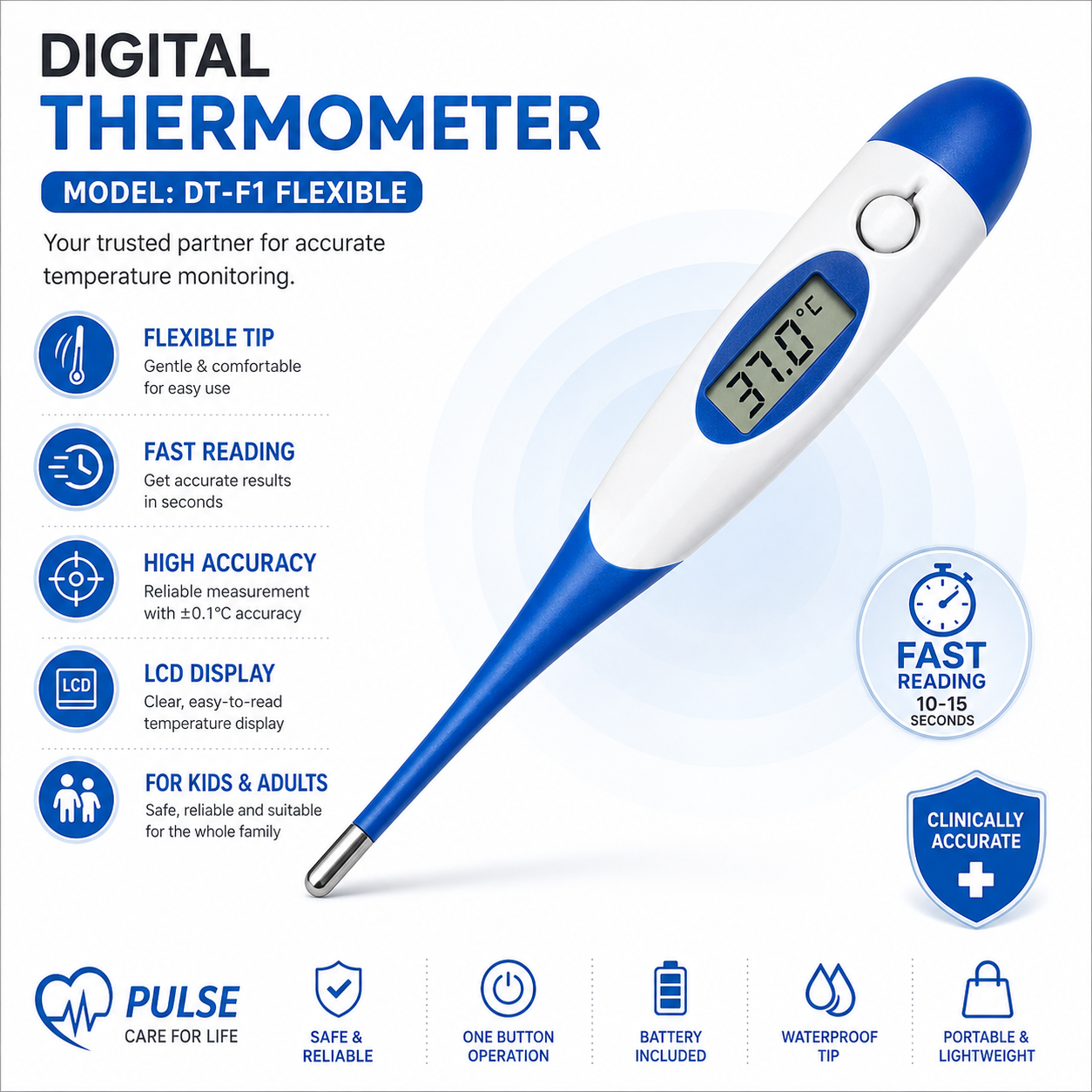 Digital Thermometer |  Fast Reading | Fever Alarm | LCD Display | Celsius & Fahrenheit | Combo Pack