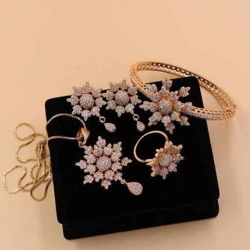 5 Pcs Combo Set Golden  Flower Design Locket Chain Earring Adjustable Ring And Openable Bangle  For Women Jewellery