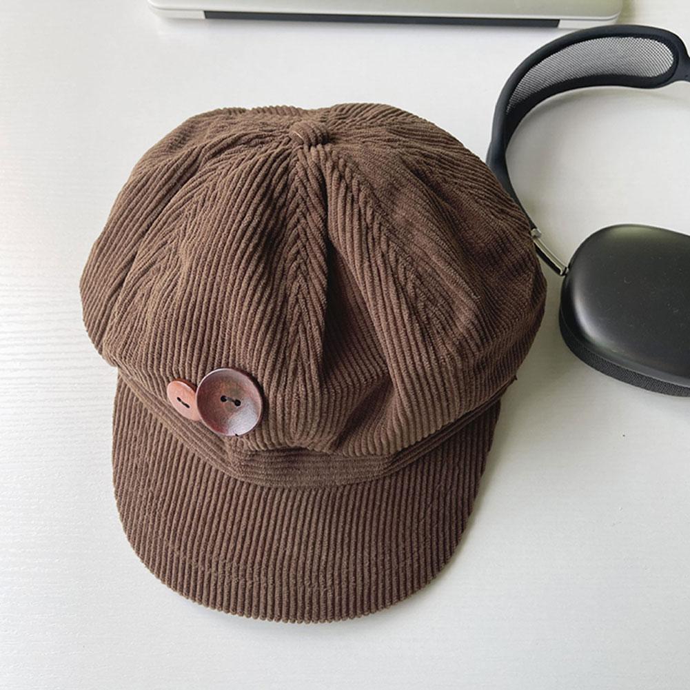 Vintage Corduroy Beret Hat For Women Korean Button Octagonal Cap Autumn Winter Painter Artist Hats Japanese Brown Peaked Caps