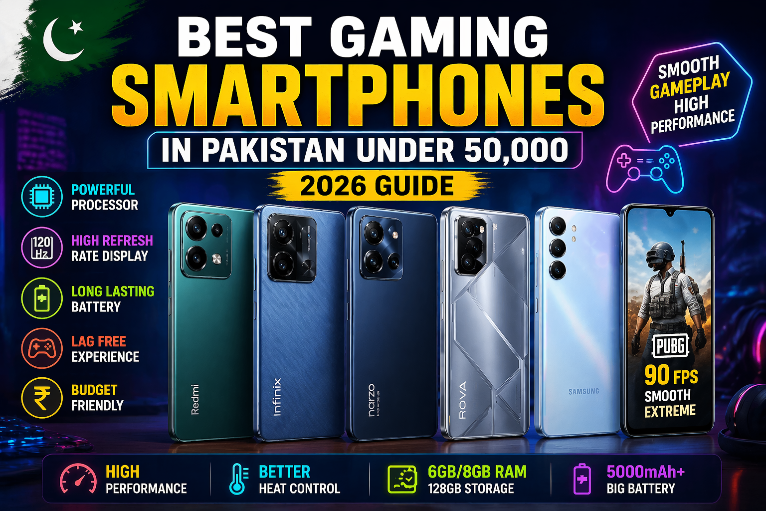 Top budget gaming phones Pakistan 2026 Redmi Note 13 Infinix Note 40 Realme Narzo Tecno Pova comparison for PUBG Free Fire