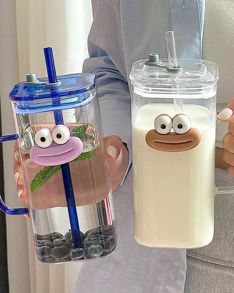 350ml Glass Straw Cup with Lid