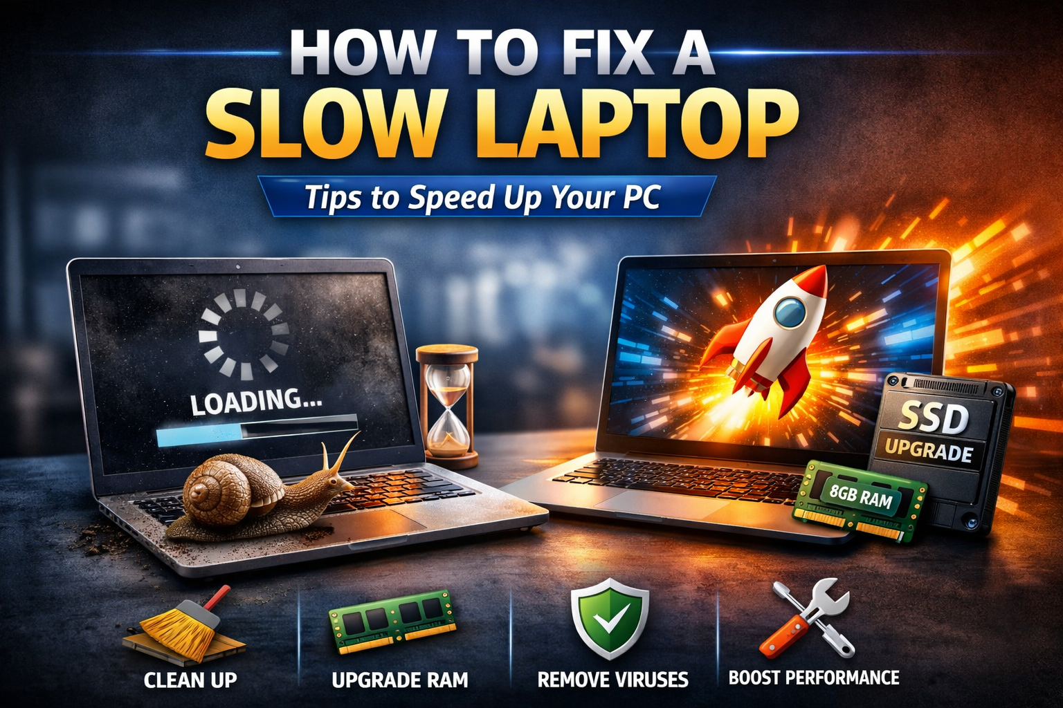 How to fix a slow laptop showing performance tips like SSD upgrade, RAM increase and system optimization steps