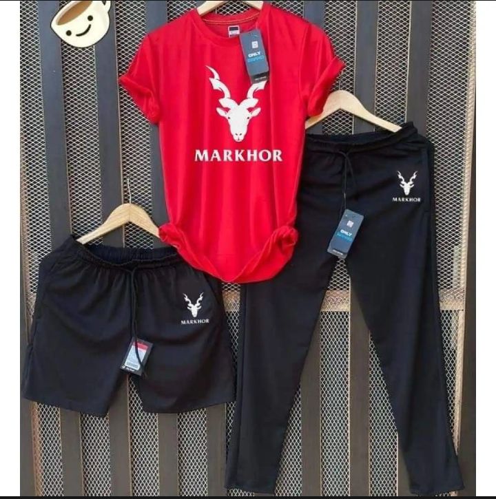 Pack Of 3 Markhor Printed Summer Tracksuit (Tshirt + Trouser + Short)