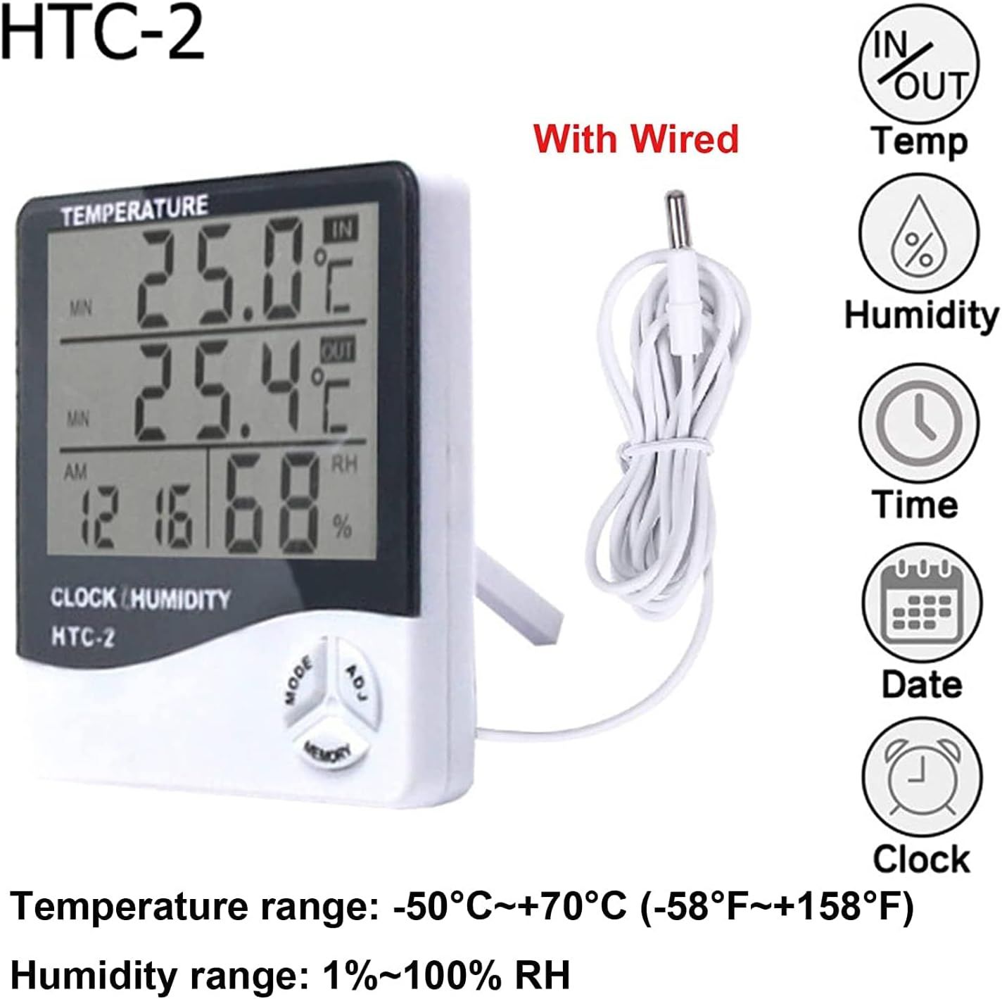 HTC-2 Indoor Outdoor Room Lcd Electronic Temperature Humidity Meter Digital Thermometer Hygrometer Weather Station Alarm Clock For Baby Room , Egg Incubator , Birds , Greenhouse   Fish Tank Aquarium , Fridge Temperature Controlling