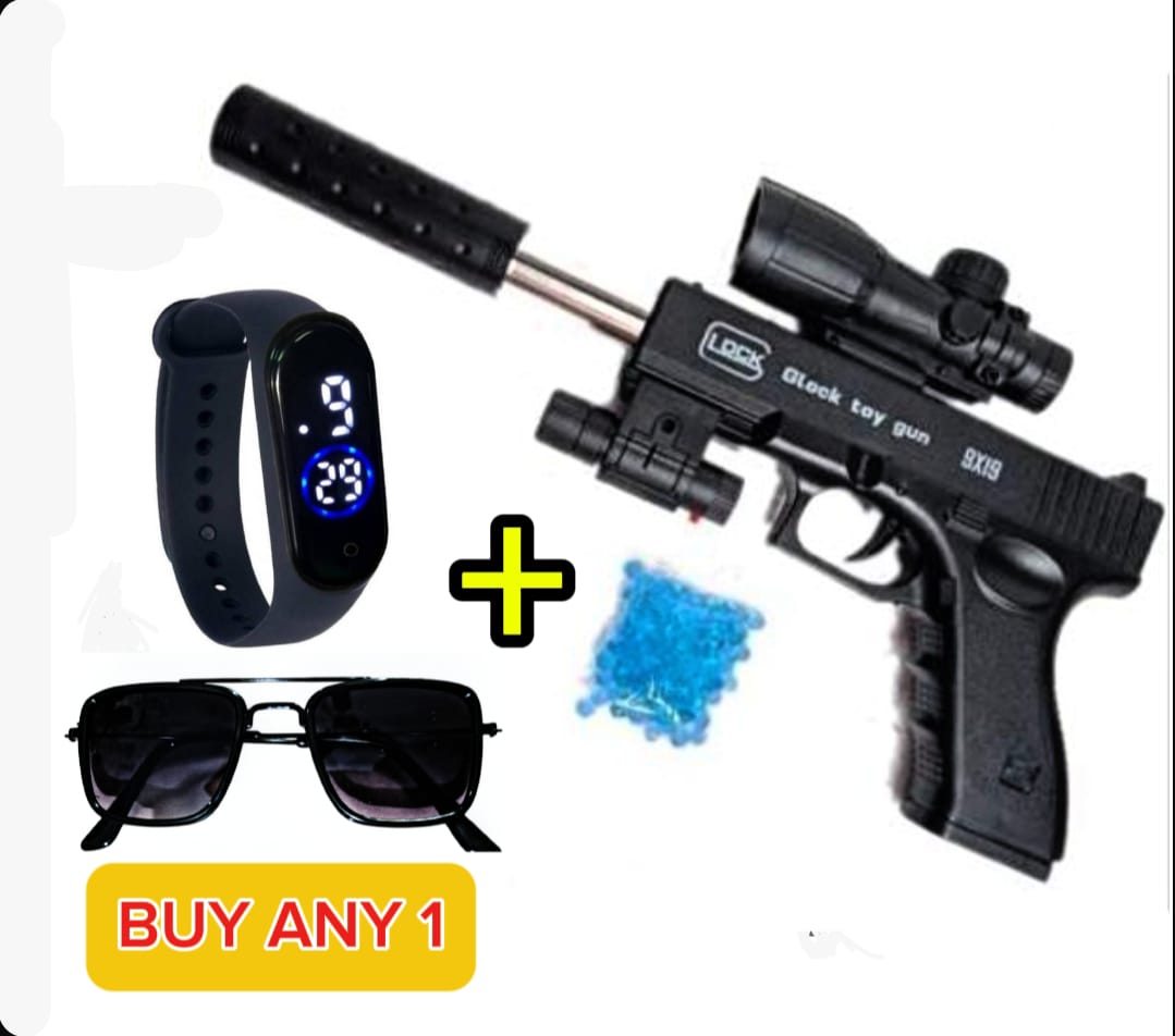 3PCS/ GLOCK TOY GUN +LED DEGITALWATCH+CLASSIC SUNGLASSES FOR KIDS BLACK  AIR SOFT FINE QUALITY PLASTIC AIRSOFT SHELL ENJECT WITH RED LASER  LIGHT TOY GUN +DEGITAL DISPLAY WATCH+STYLISH SUNGLASSES FOR BOYS BEST BIRTHDAY GIFT FOR ADULT BOYS