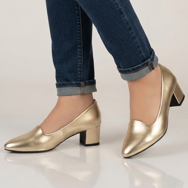 Women Formal Shoes Patent Gold, Silver & Black Color Best Quality Women Court Shoes Block Heel Pumps