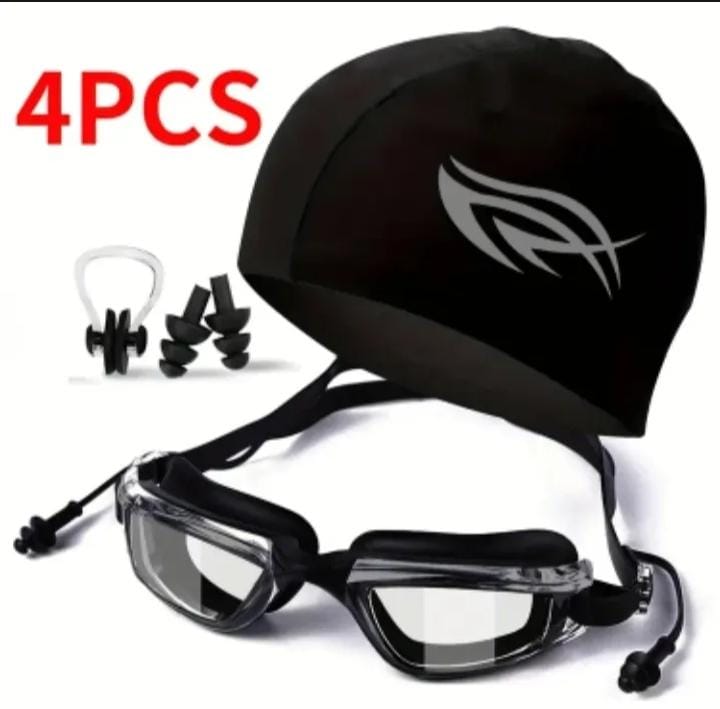 Swimming Cap, Swimming Goggles, Nose Clip, Ear Ring High quality imported 4Pcs set Wholesale Rate