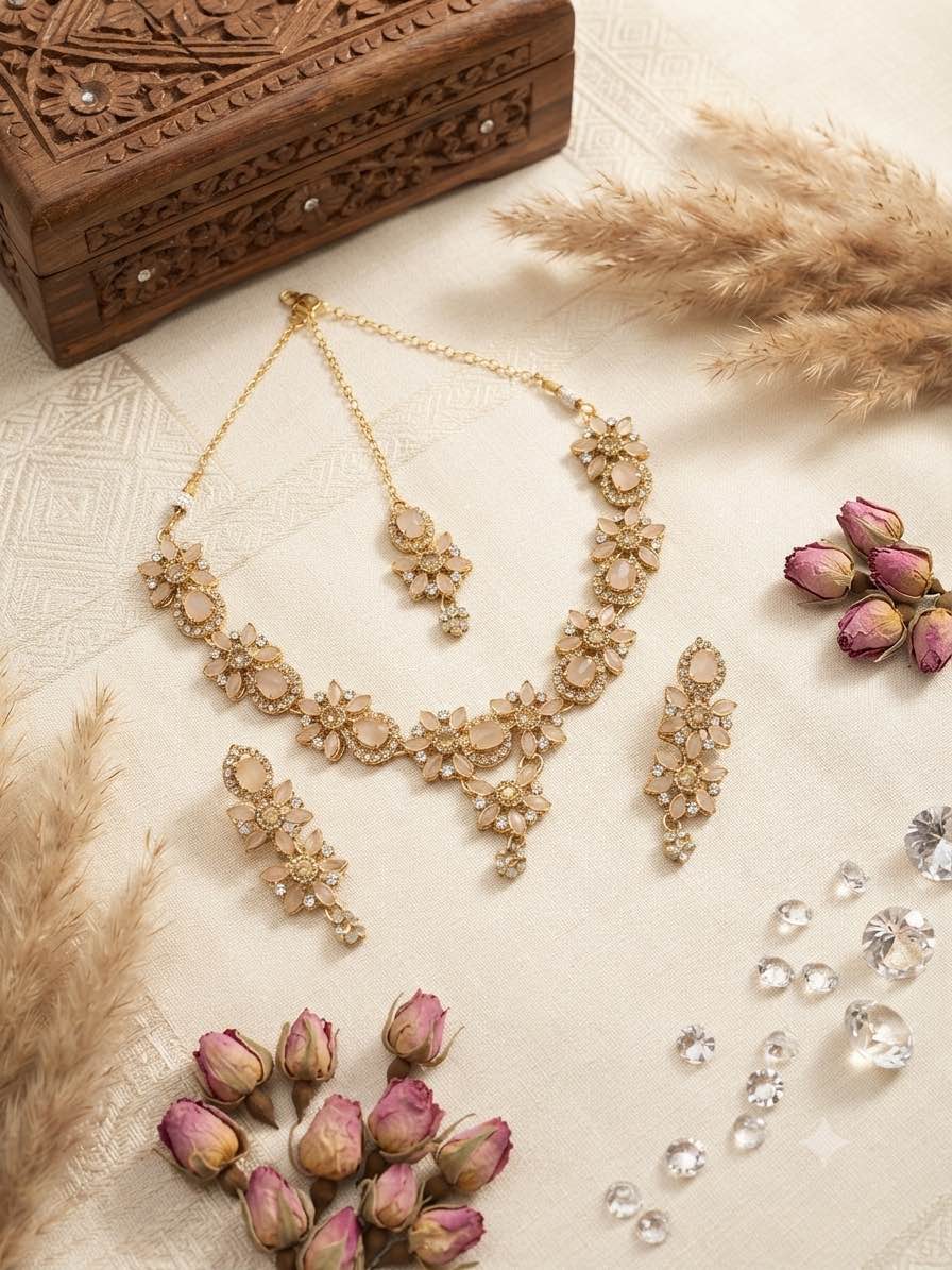 Elegant Floral Design  Stone Necklace Set with Matching Earrings and Tikka | Festive & Bridal Ethnic Jewelry set for girls and women