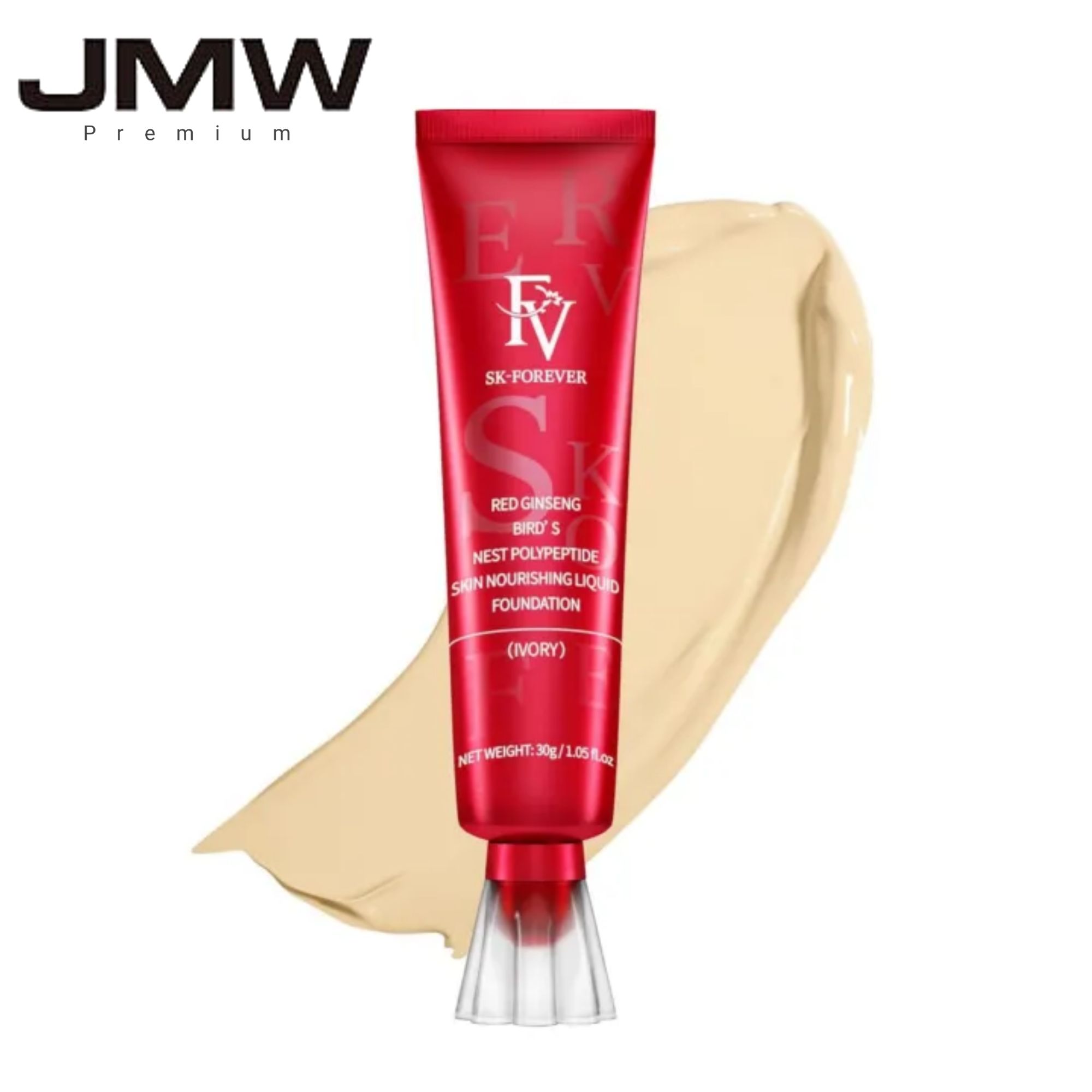 JMW Premium FV Foundation Tube China Red Original Waterproof with Medium Coverage, Oil-free & Long Lasting, Lightweight, Matte Foundation for Oily/Normal Skin, Sweat-resistant Liquid Makeup Foundation for Face, 30g, Natural Beige