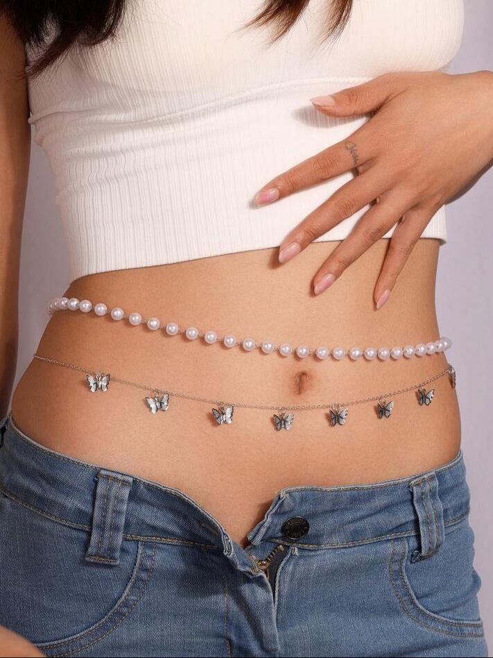 LB trending Waist chain for girls duo style butterfly with pearl imitation Waist belly body chain jewellery accessories best for gifts/valentine