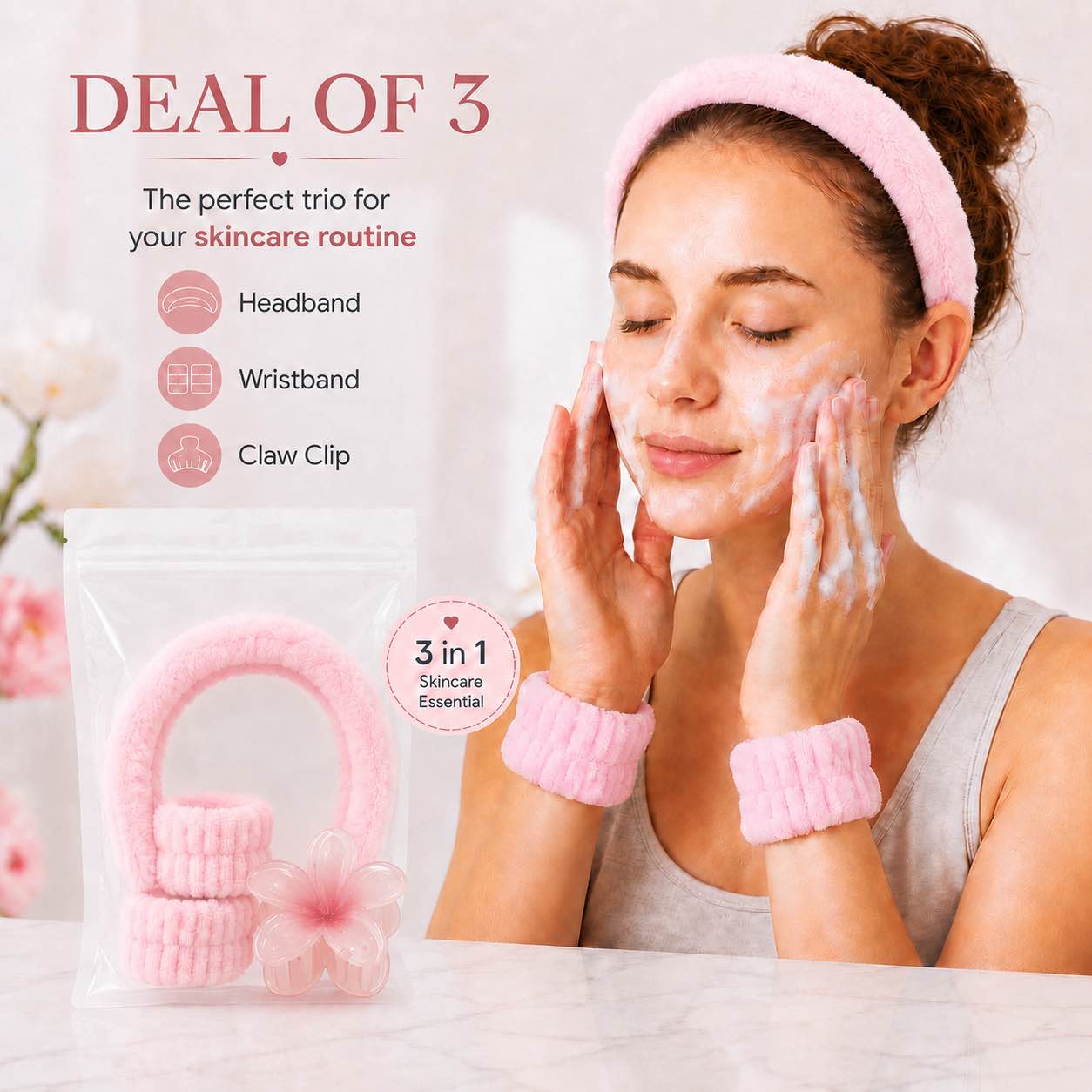 Puffy Makeup Headband And Wristband Set Soft Microfiber Face Wash Hair Band Spa Accessories For Women Pink