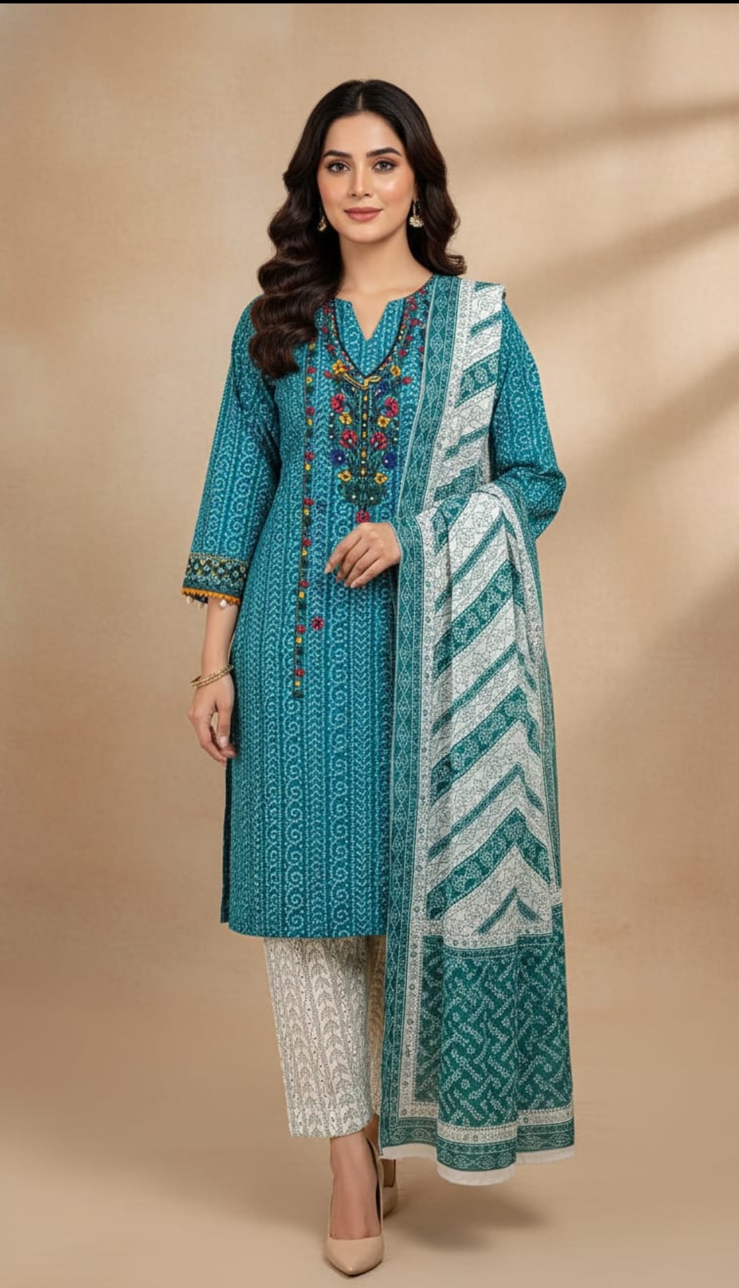 Beautiful Embroidered 3 Piece Unstitched Suit Multicolor Soft Cotton Fabric For Women