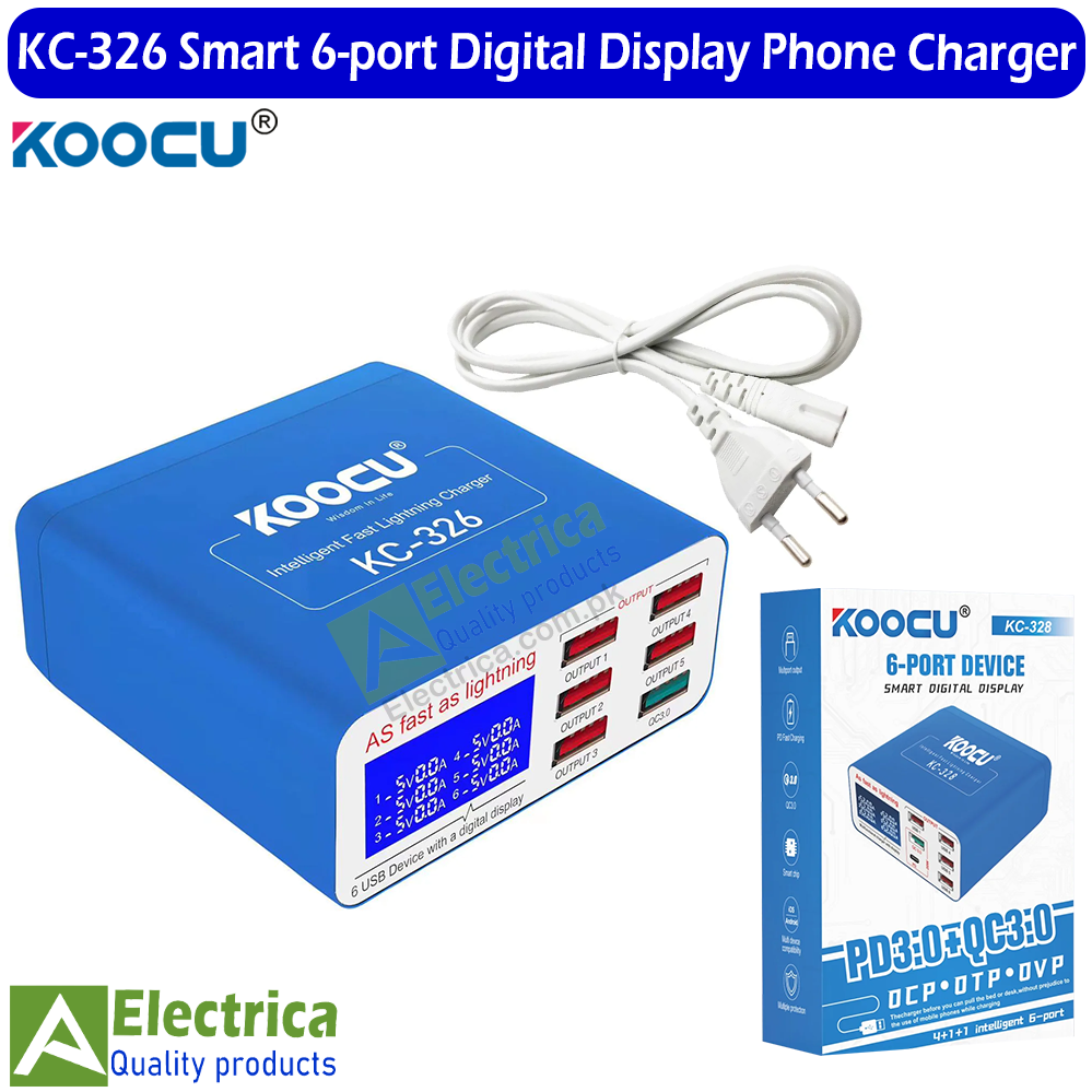 KOOCU KC-326 3A Smart 6-port PD 3.0 and QC 3.0 fast charging Digital Display USB Phone Charger by Electrica